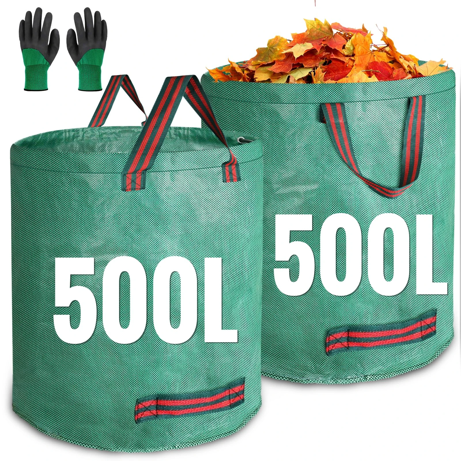JARDILIFE Garden Waste Bags Heavy Duty 500 500 Litre 2 Pack, Reusable Sacks with 1 Pair of Gardening Work Gloves, Tools Bags for Garden Waste Plant Waste Grass Leaves (500L*500L)