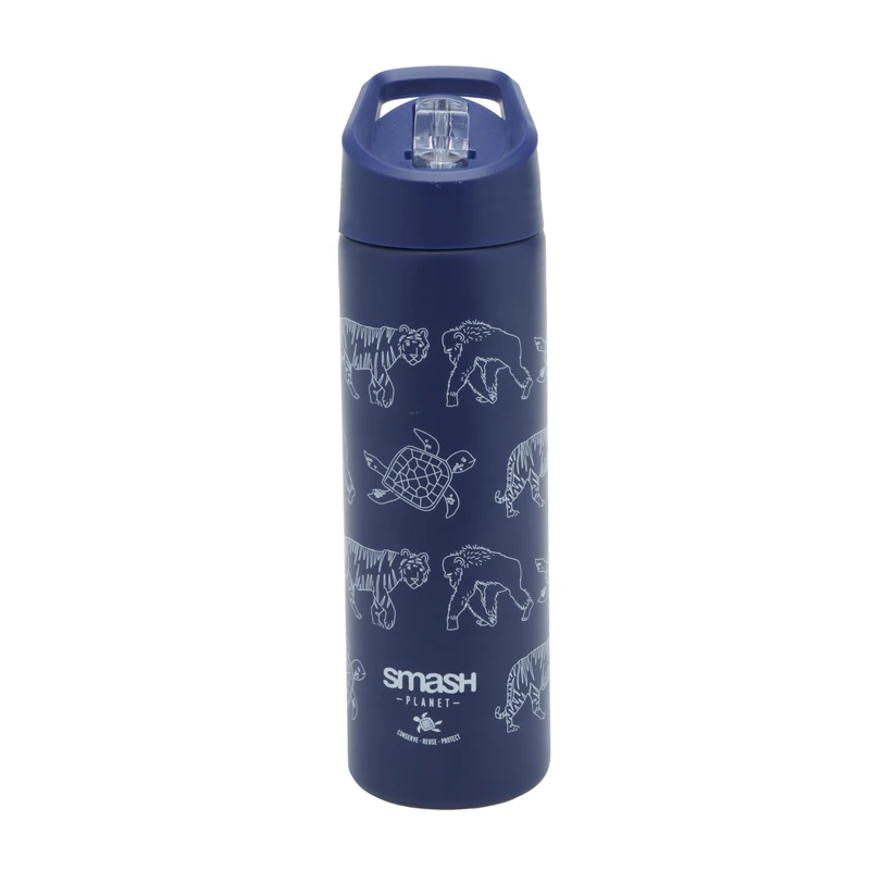 Smash Stainless Steel Water Bottle with Flip Top Lid and Straw - Planet Navy 750ml