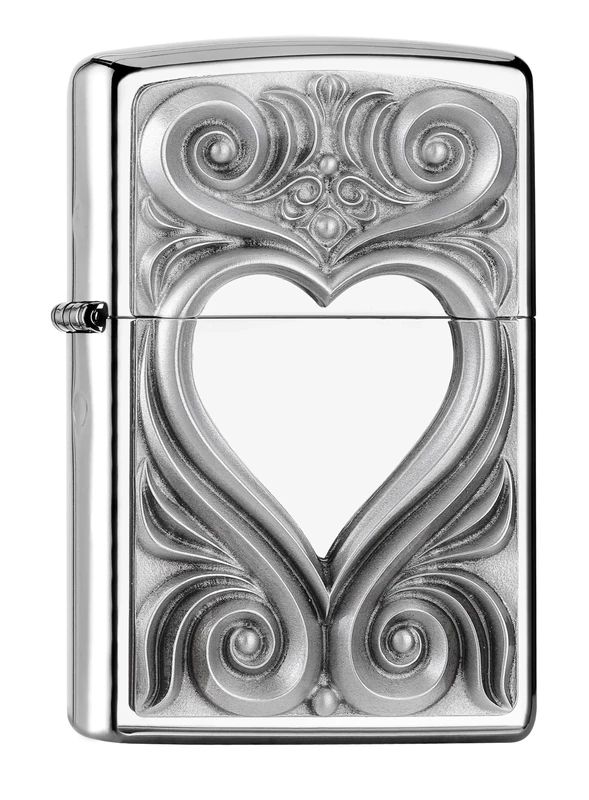 Zippo Windproof Lighter, Antique Heart Design – High Polished Chrome, Emblem – Refillable, Reusable, Windproof Design – Comes in Gift Box – Made in USA