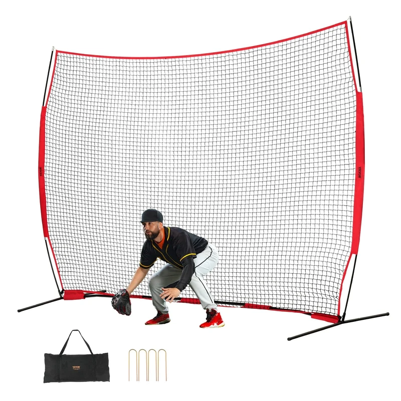 VEVOR Barricade Backstop Net, 12x9 ft Ball Sports Barrier Netting, Portable Practice Equipment with Carry Bag, Protection Screen for Baseball Softball Lacrosse Soccer Hockey Training, for Backyard