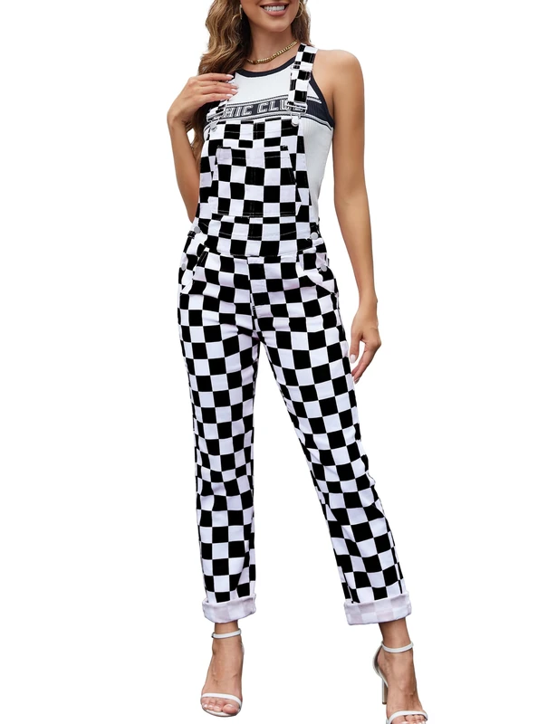 Odefou Checkered Pants Womens Overalls Fashion Bib Coveralls Cute Stretch Jeans Jumpsuit, Black and White Checkered, Medium