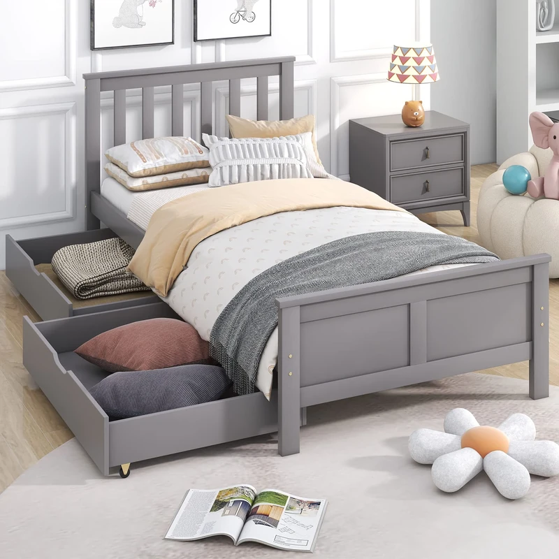 Merax 3FT Single Bed Frame with 2 Underbed Drawers, Solid Pine Wood Single Bed with Storage, Headboard Lattice Pattern Design, Guest Bed for Adults, Kids, Teenagers, Grey, 90x190cm