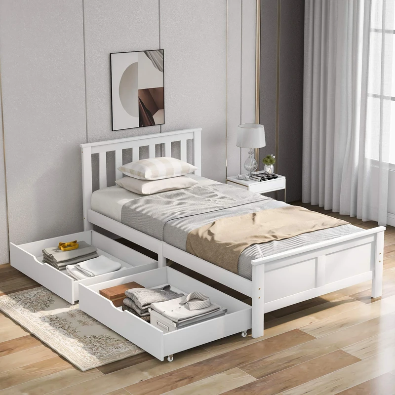 Merax 3FT Single Bed Frame with 2 Underbed Drawers, Solid Pine Wood Single Bed with Storage, Headboard Lattice Pattern Design, Guest Bed for Adults, Kids, Teenagers, White, 90x190cm