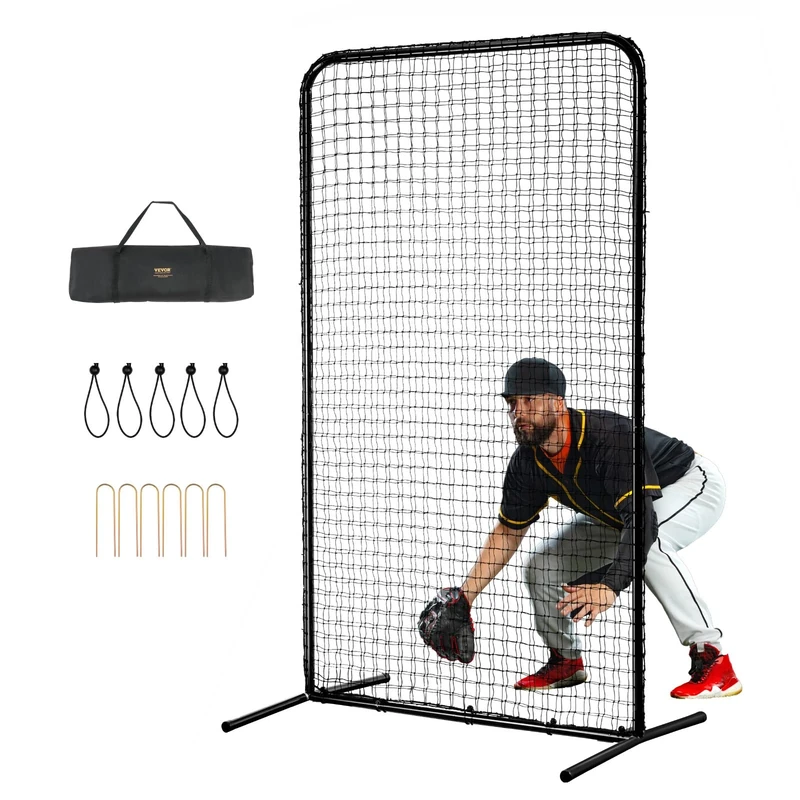 VEVOR I Screen Baseball for Batting Cage, 7x4 ft Baseball Softball Safety Screen, Body Protector Portable Batting Screen with Carry Bag & Ground Stakes, Heavy Duty Pitching Net for Pitchers Protection