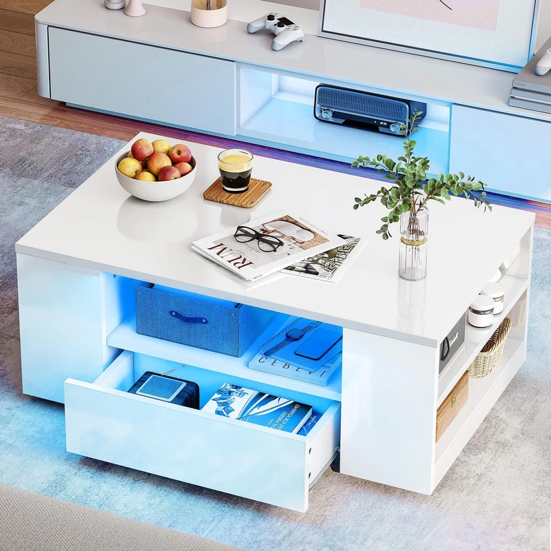 YITAHOME Coffee Table White Living Room Table High Gloss with 16-Colour LED Lighting Modern Side Table White with Open Display Shelf and 2 Pull-Out Drawers 95 x 55 x 37 cm