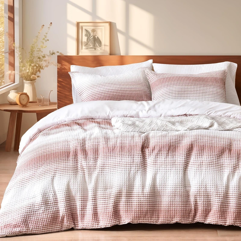 PHF Ultra Soft Yarn Dyed Waffle Weave Comforter Set Queen Size, 3 Pieces Lightweight Breathable Comfy Bedding Set, Comfy Textured 1 Comforter with 2 Pillow Shams, White and Brick