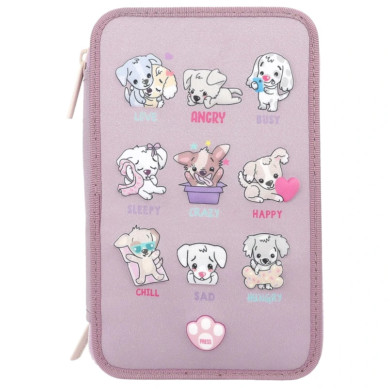 Depesche 12843 TOPModel - Filled 3-Compartment Pencil Case in Purple, with LED and Dog Motifs, Pencil Case with Colouring Pencils, Ruler, Scissors and Much More