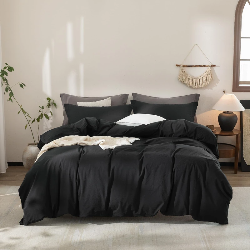 Warm Moment Black Duvet Cover California King Size 100% Washed Cotton Bedding Set Cover 1 Duvet Cover with Zipper Closure and 2 Pillowcases, 104inch x 98inch