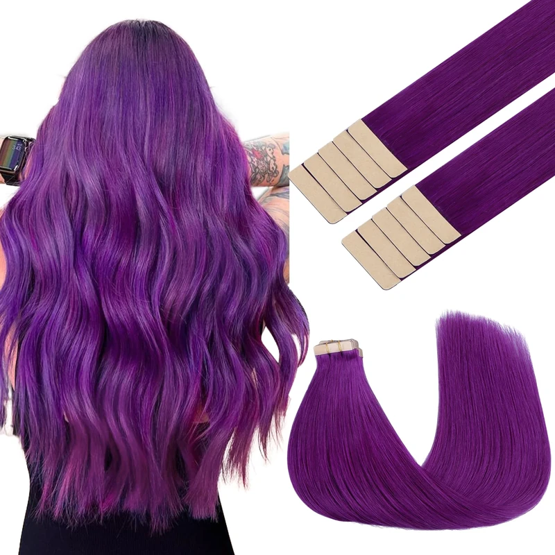 GOO GOO Tape in Hair Extensions Human Hair, Purple 10pcs 25g 14inch, Colored Tape ins Human Hair Extensions, Silky&Soft Invisible Tape Ins, Straight Remy Hair Highlighted for Party