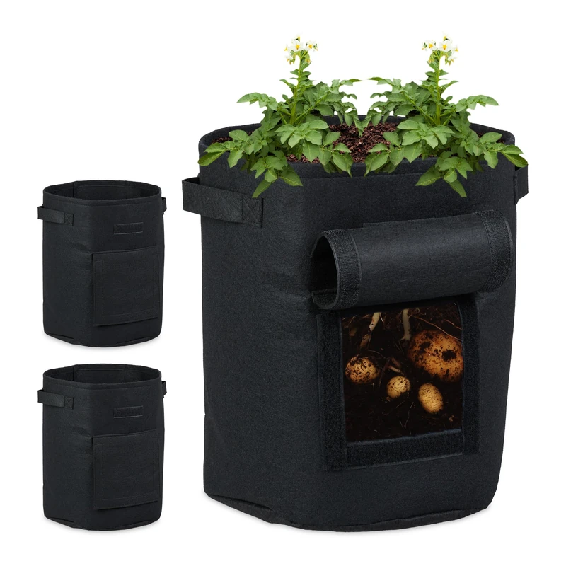 Relaxdays Set of 3 Vegetable Bag, Plant Sack, with Window, HWD: 35 x 30 x 30 cm, Non-woven Fabric Pot, Black, Fleece