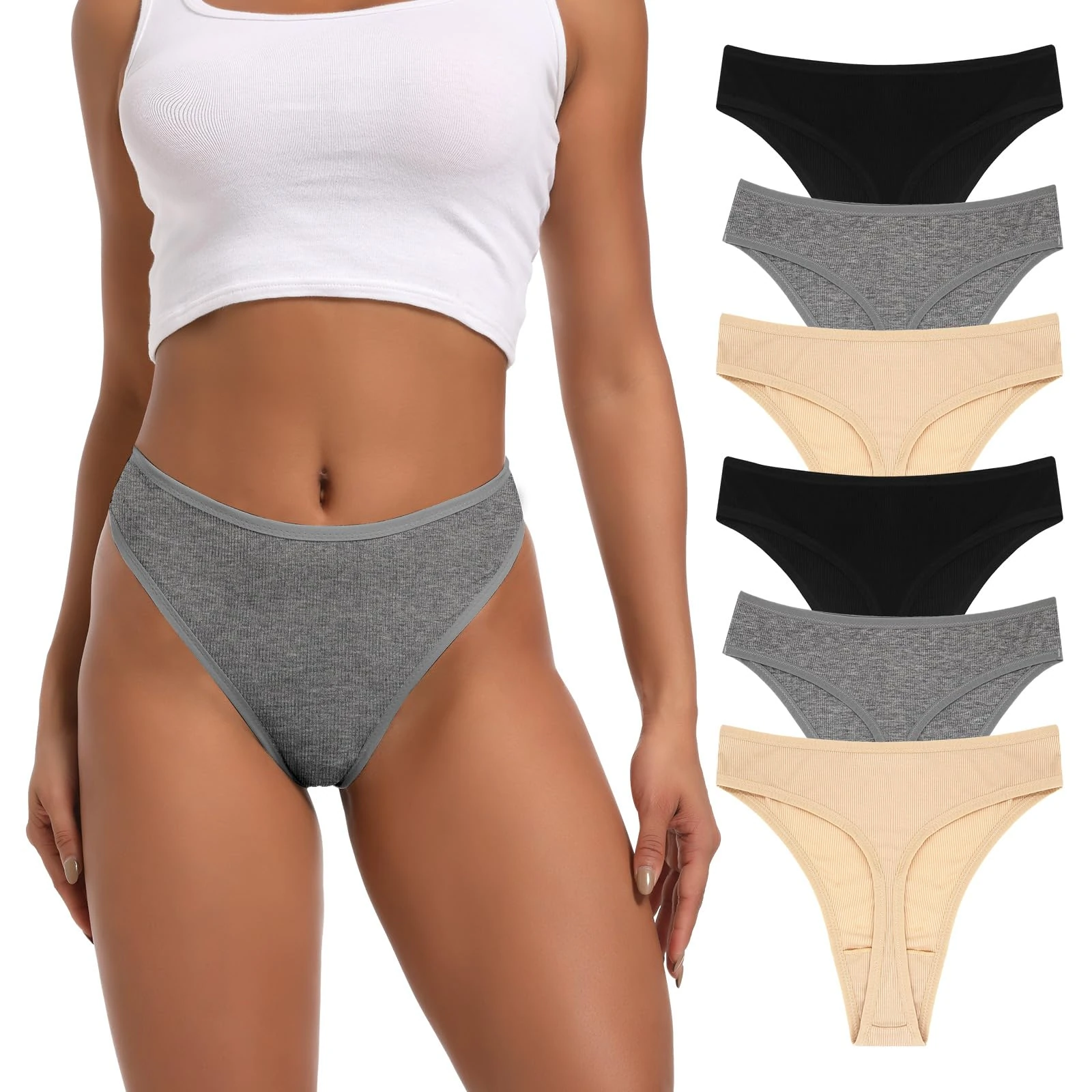 Deigecil Pack of 6 Thong Women's High Waisted Tummy Control Cotton Underwear Women, Soft Comfortable Sports Underwear Women, Black x 2 grey x 2 meat colours x 2, 4XL