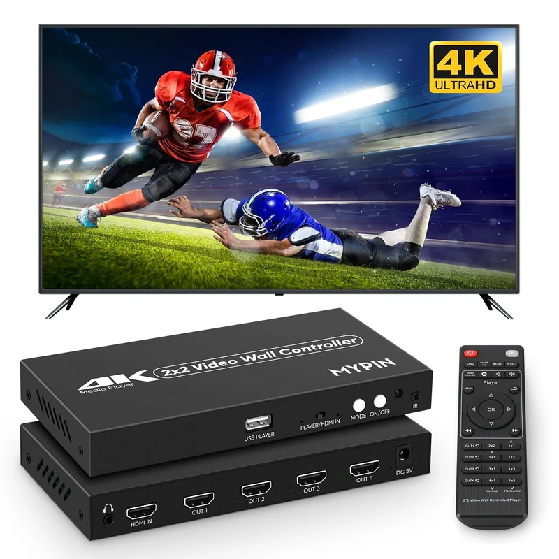 4K@30HZ 2X2 Video Wall Controller, 4K Media Player, 4-Channel Splicing Display Controller with Remote Control for 4 TV Screens,180 Degree Rotate, 8 Splicing Modes, Support HDD USB Drives