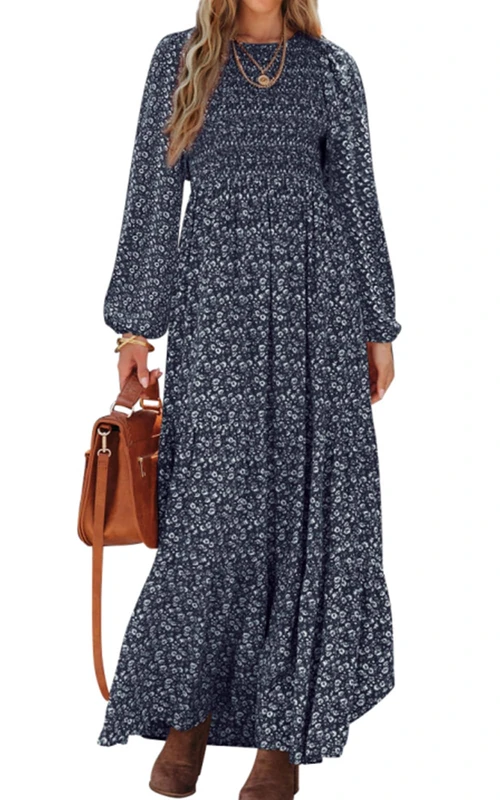 PRETTYGARDEN Women's Fall Dresses 2024 Long Sleeve Flowy Casual Floral Maxi Dress Crew Neck Smocked Tiered Long Dress, Navy, XL