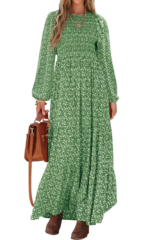 PRETTYGARDEN Women's Spring Dresses 2025 Long Sleeve Flowy Casual Floral Maxi Dress Crew Neck Smocked Tiered Long Dress, Green, L