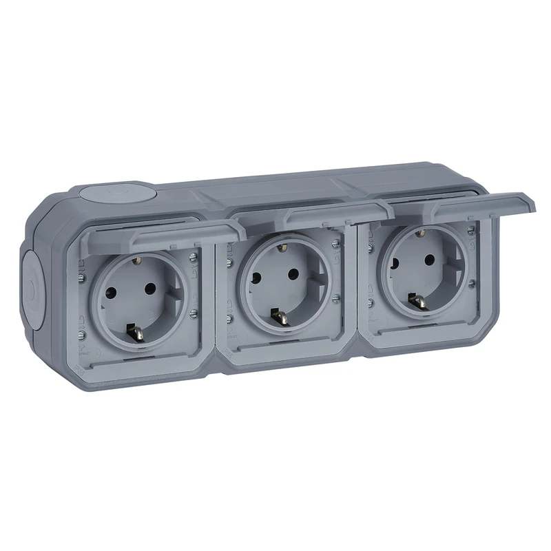 LEGRAND, Plexo 069743L Wet Room Socket, 3-Way, Schuko Standard, with Hinged Lid, Touch Protection, Plug-In Terminals, Pre-Wired, Horizontal, IP44 - IK07, Colour: Grey