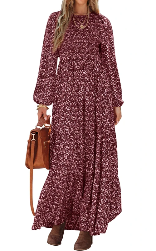 PRETTYGARDEN Women's Spring Dresses 2025 Long Sleeve Flowy Casual Floral Maxi Dress Crew Neck Smocked Tiered Long Dress, Wine Red, XXL