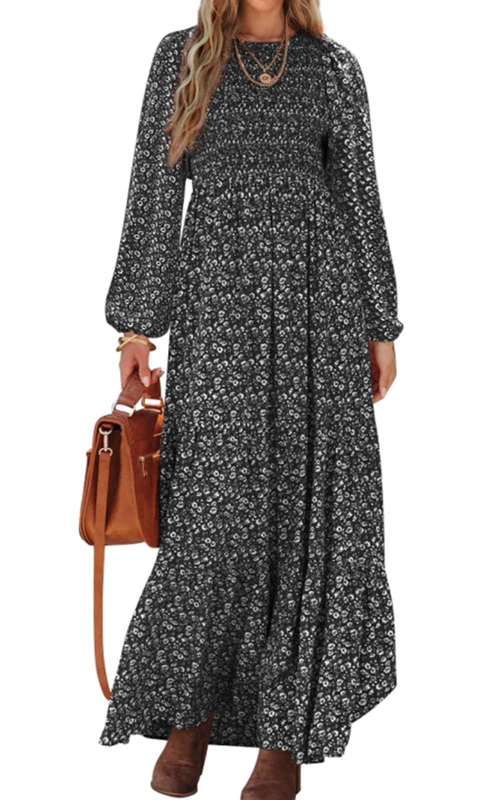 PRETTYGARDEN Women's Spring Dresses 2025 Long Sleeve Flowy Casual Floral Maxi Dress Crew Neck Smocked Tiered Long Dress, Black, XL