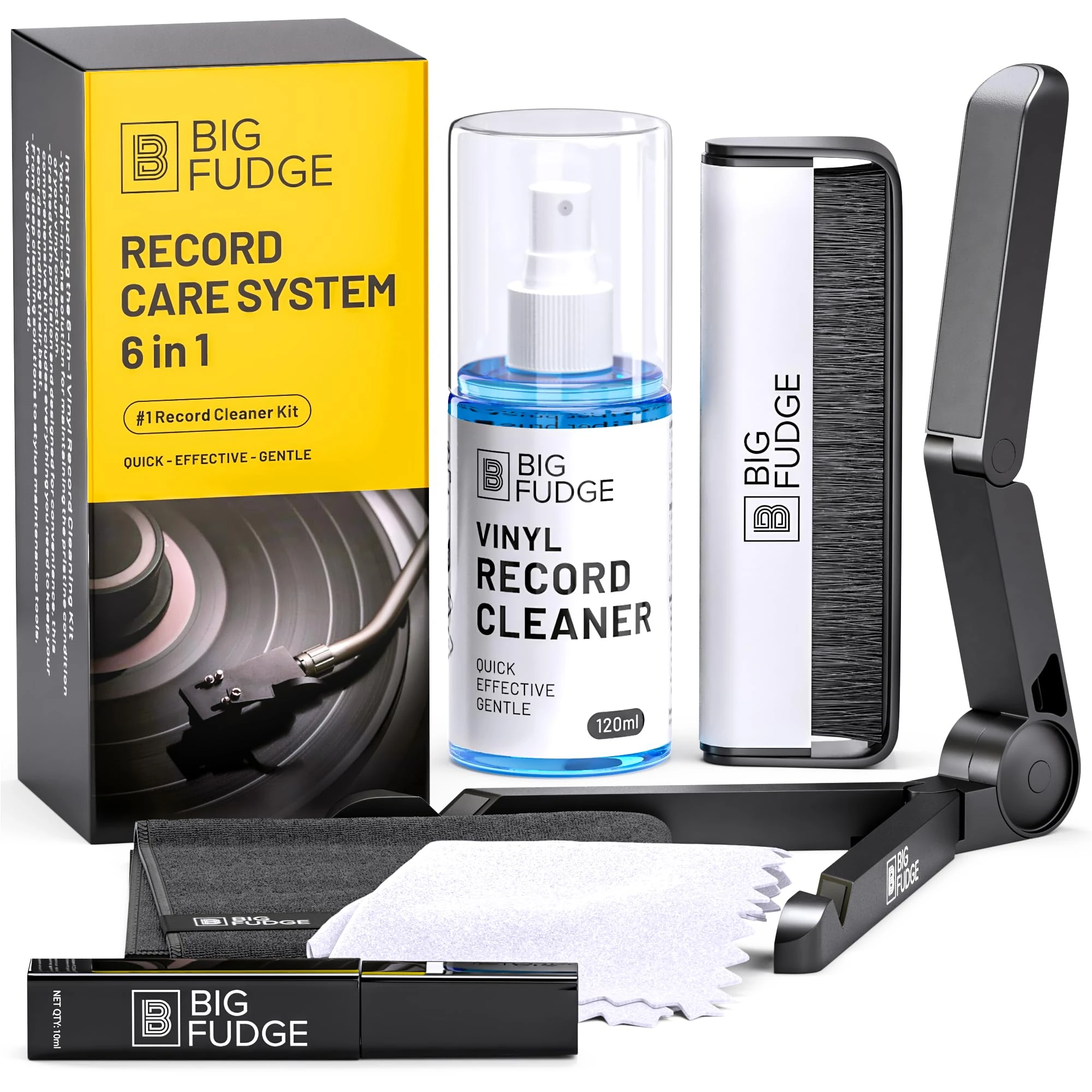 Big Fudge Complete Vinyl Record Cleaning Kit - 6-in-1 Vinyl Cleaner - incl. Carbon Fiber Brush, Stylus Cleaner, Drying Stand, Microfiber Cloth & Towel - Record Player Accessories