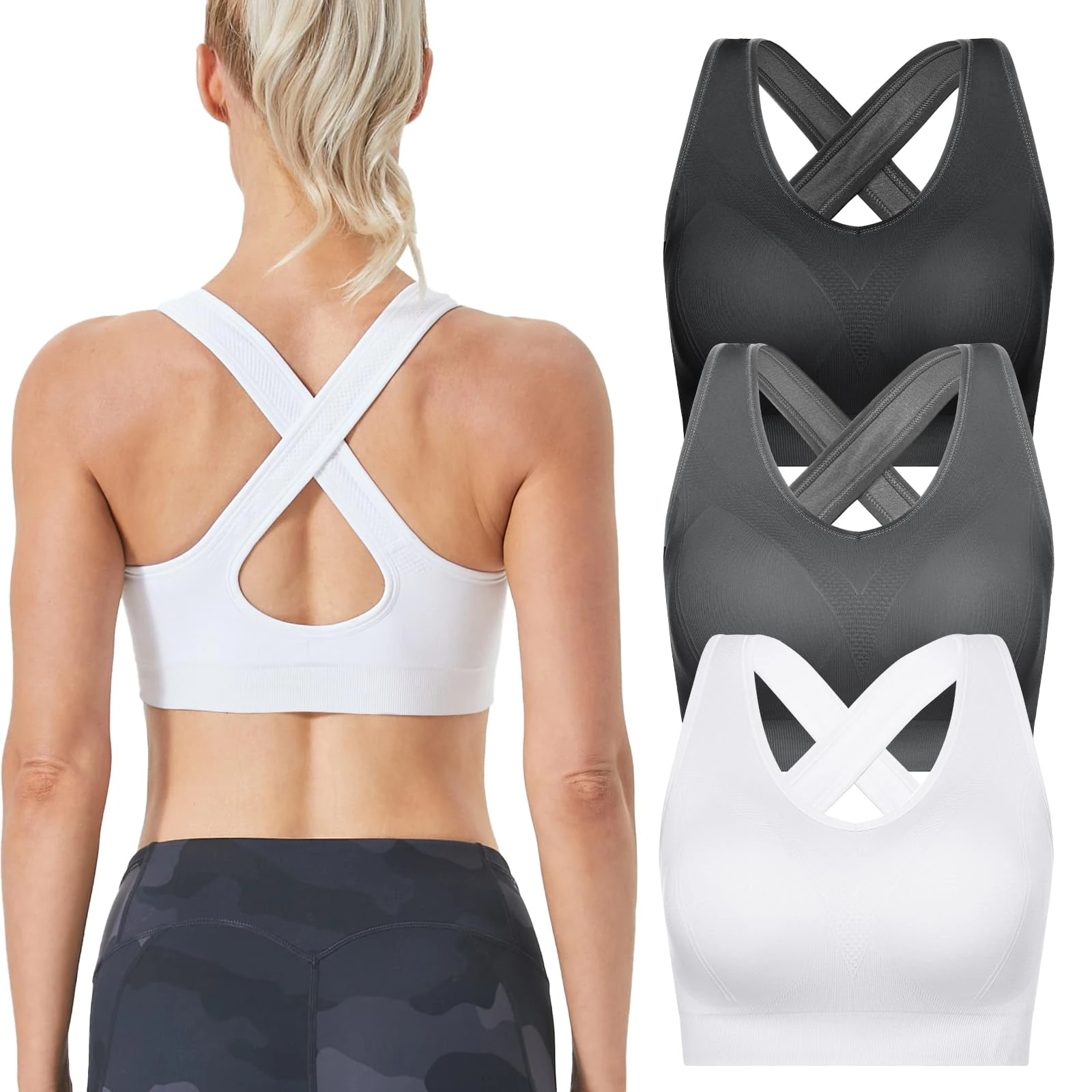 FITTIN Sports Bras for Women Padded: Seamless Cross Back Bras Pack for Workout Yoga