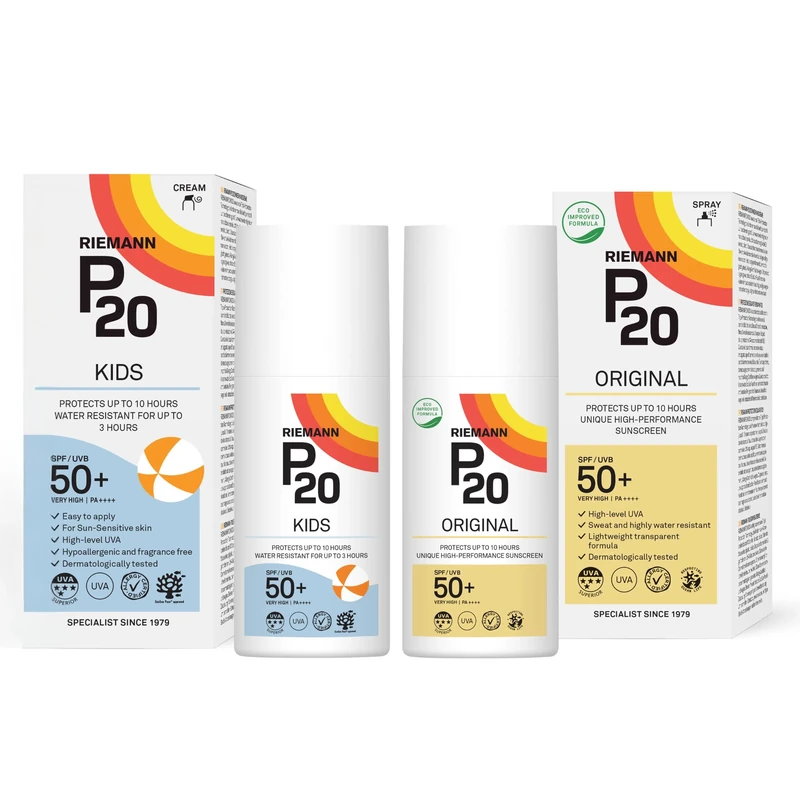 RIEMANN P20 Sun Cream For Kids SPF50+ 200ml + P20 Original SPF30 Spray 200ml, Advanced Sunscreen Protection High Performance, Triple Protection + Sweat Resistance, Durable Protects up to 10 Hours