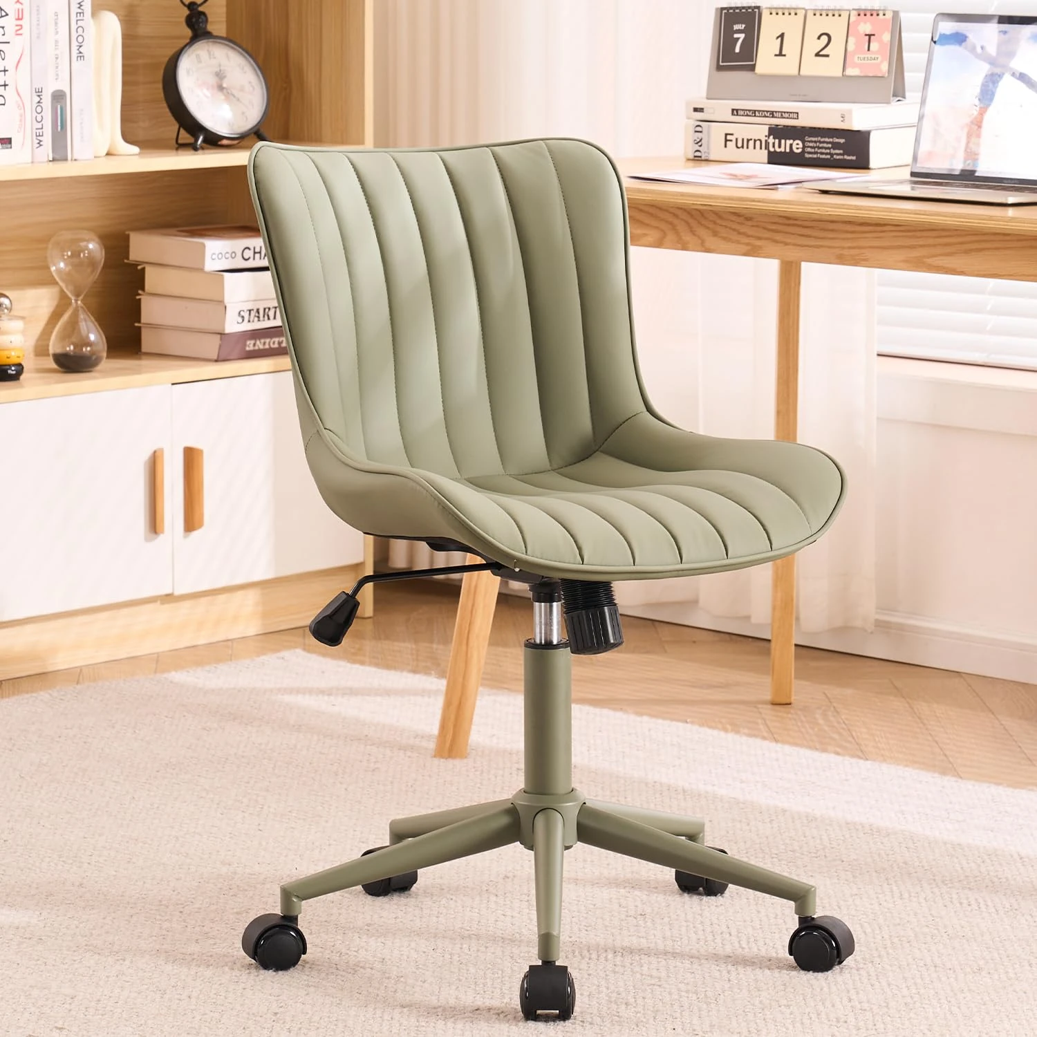 Kidol & Shellder Home Office Chair Swivel Armless Desk Chair Faux Leather Upholstered Computer Chair Modern Swivel Rocking Desk Chairs with Adjustable Tilt Angle, Olive Green Legs