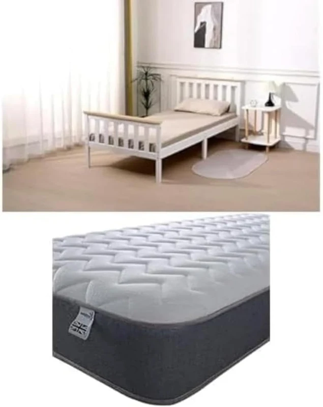 Starlight Beds Bundle of 4ft Small Double Bed Frame (White/Natural) and 4ft Small Double Mattress with Springs and Memory Foam. 7.5 Inch Budget Mattress. Grey, Soft Firmness (120x190x19cm)