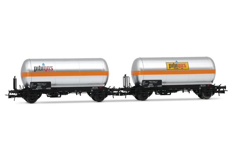 Rivarossi HR6621 FS, 2-unit pack 2-axle gas tank wagons, silver with orange stripe, "Pibigas", ep. IVa Rolling Stock - Wagons