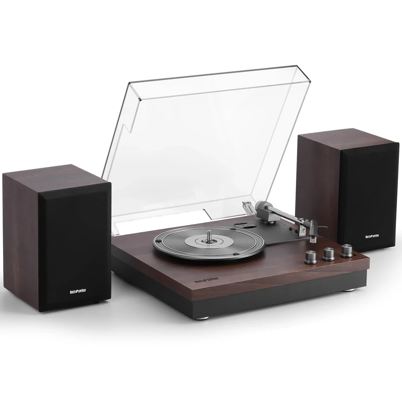 Record Player, 3 Speed Turntable with Two 15W External Speakers, Bluetooth Input, Aux-in, USB Playback& LP-MP3 Recording, Vintage Vinyl Player, Dark Brown Wood