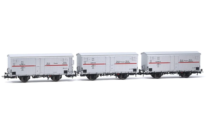 Rivarossi HR6605 FS 3-unit pack refrigerated wagons Hgb 2-axles 2 without brakemans cab 1 with silver red stripe ep Rolling Stock - Wagons