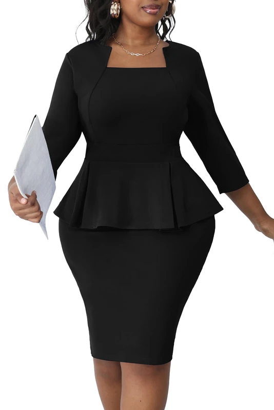Runwind Plus Size Dress for Curvy Women Midi Church Wear to Work Bodycon Vintage Peplum 3/4 Sleeve Sheath Pencil Dress, 001-black, XXL Plus