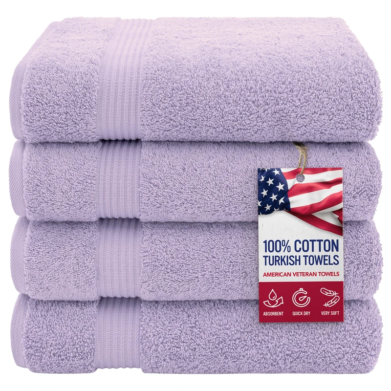 American Veteran Towel, 100% Cotton Turkish Bath Towels for Bathroom 4 Pack, 27x54 Extra Large Premium Soft Drying Bathroom Towels, Lilac