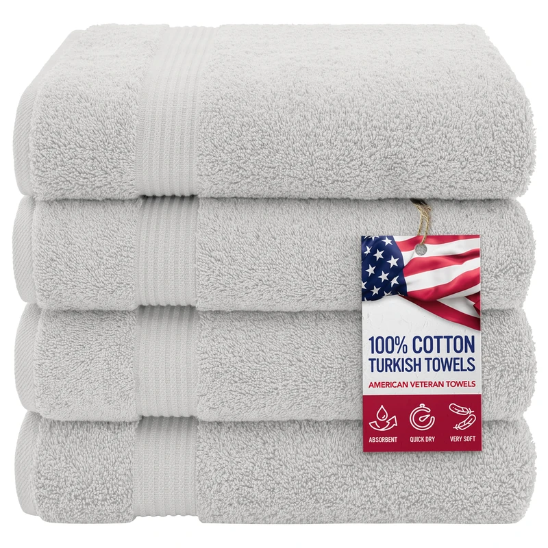 American Veteran Towel, 100% Cotton Turkish Bath Towels for Bathroom 4 Pack, 27x54 Extra Large Premium Soft Drying Bathroom Towels, Silver Grey