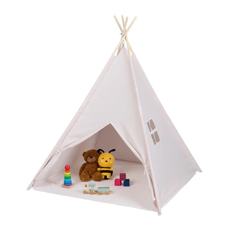 Relaxdays Children's Play Tent, Tipi for Kids, Teepee with Floor Mat, Wigwam, Playroom, HWD: 158 x 125 x 125 cm, Beige, Polyester
