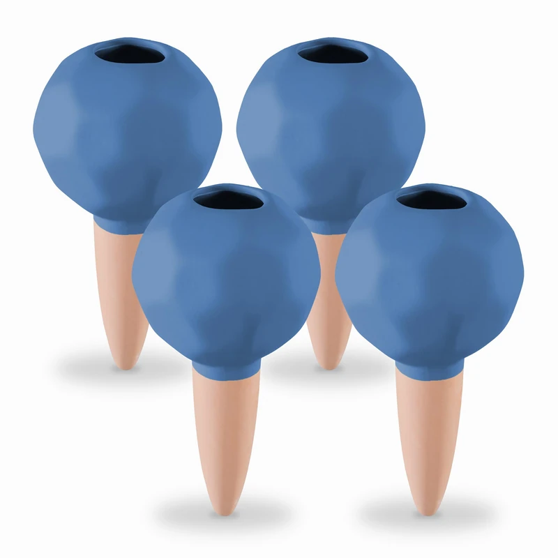 Relaxdays Set of 4 Watering Balls Clay, Irrigation Aid Ø 6cm, Dosed Drip for Potted Plants, for Office, Terracotta/Blue, Ceramics, 11 x 6 x 6 cm