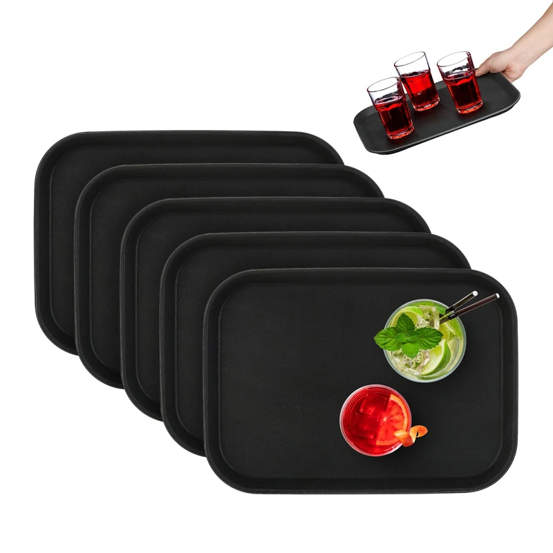 Relaxdays 3X Serving Trays, Rectangular, Drinks, Non-Slip Rubber Surface, Waiter's Catering, HWD: 2 x 35 x 25 cm, Black