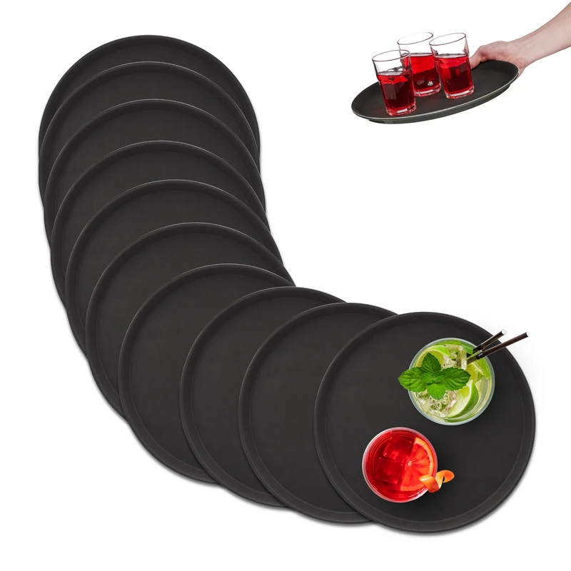 Relaxdays Set of 10 Serving Tray, Round Ø 35 cm, Bar Drinks Plate, Non-Slip Surface, Waiter's Catering, Versatile, Black