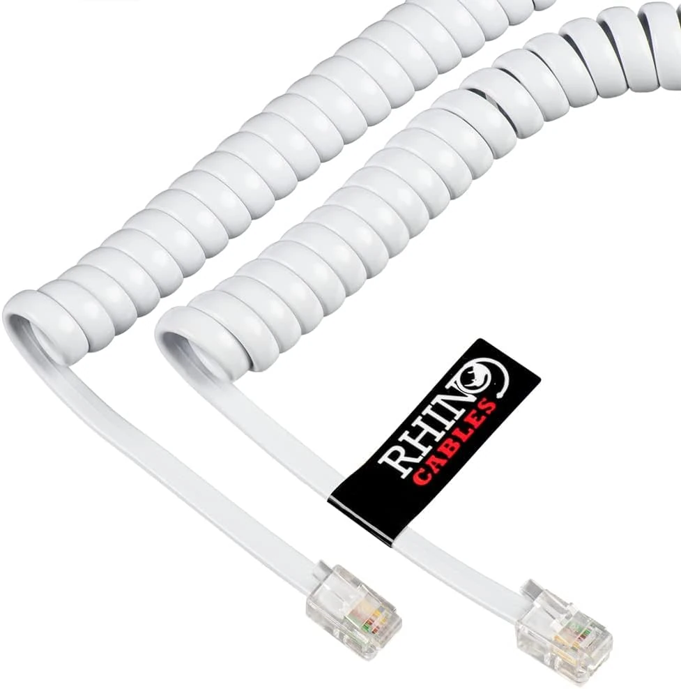 rhinocables RJ10 Coiled White Phone Cable (5m) Anti-Tangle Curly Handset Cord for BT Landline, Fax & Office | 4-Core Full Copper Wire with Gold-Plated 4P4C Connectors | 2m, 3m & 5m Options (7 Pack)