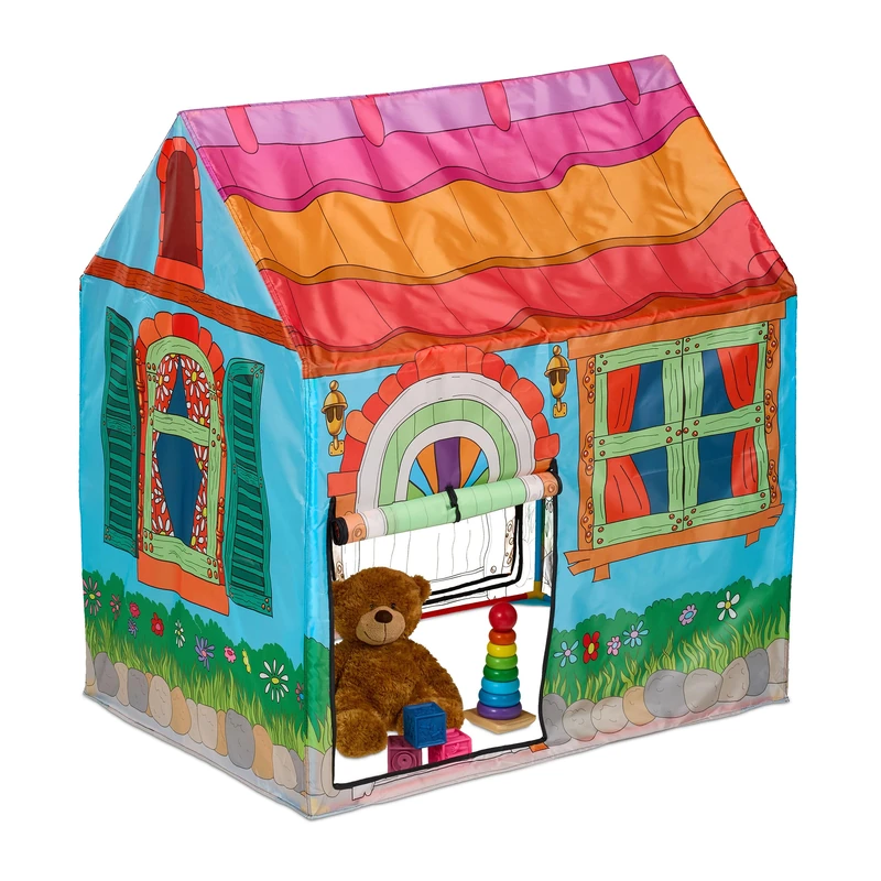 Relaxdays Play Tent for Children, 2 Entrances, Indoor & Outdoor, Country House Design, HWD: 103 x 96 x 75 cm, Colourful, Polyester - Image 1