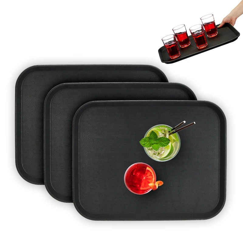 Relaxdays 3X Serving Trays, Rectangular, Drinks Plate, Non-Slip Rubber Surface, Waiter's Catering, 2 x 46 x 35 cm, Black, 2 x 46 x 35cm