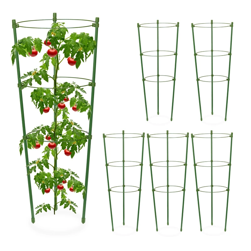 Relaxdays Set of 6 Climbing Support, 3 Rings, HxØ: 45 x 18 cm, Flowers & Crops, Metal and Plastic, Tomato Tower, Green, Iron, 45 x 18 x 18 cm