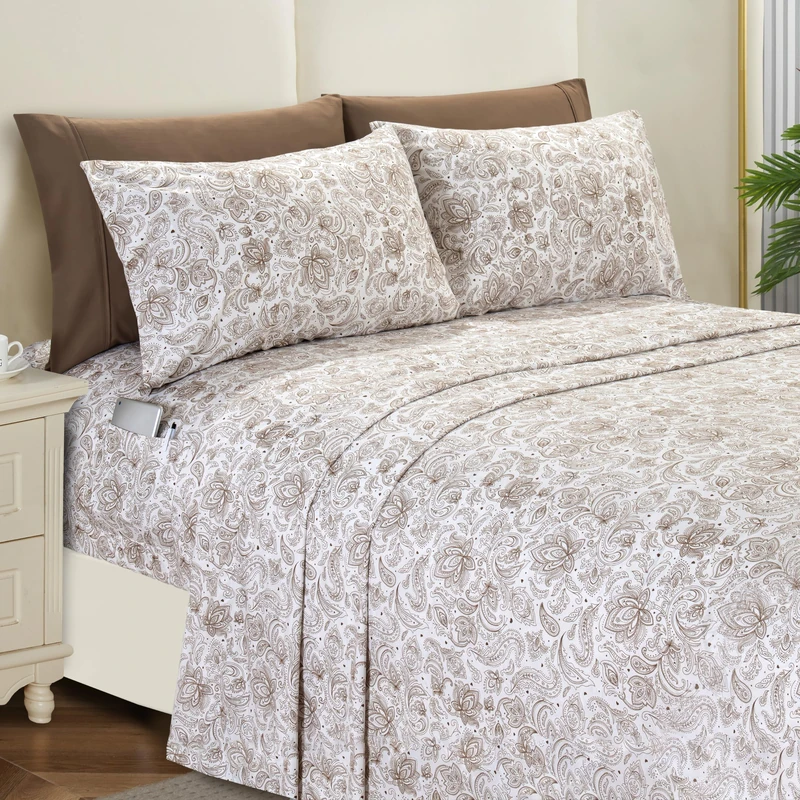 Elegant Comfort Softest and Coziest 6-Piece Sheet Set - 1500 Premium Hotel Quality Microfiber - Deep Pocket, Wrinkle Resistant 6-Piece Paisley Pattern Bed Sheet Set, Full, Paisley Taupe