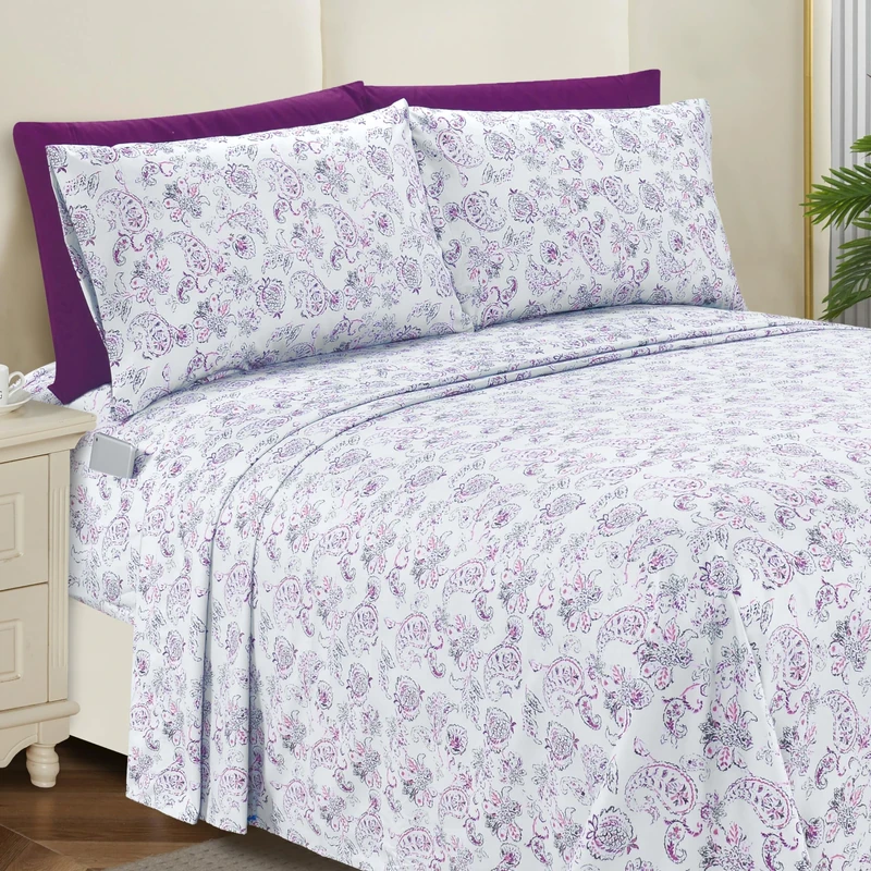 Elegant Comfort Softest and Coziest 6-Piece Sheet Set - 1500 Premium Hotel Quality Microfiber - Deep Pocket, Wrinkle Resistant 6-Piece Paisley Pattern Bed Sheet Set, California King, Paisley Purple