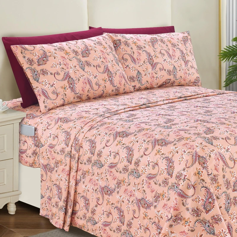 Elegant Comfort Softest and Coziest 6-Piece Sheet Set - 1500 Premium Hotel Quality Microfiber - Deep Pocket, Wrinkle Resistant 6-Piece Paisley Pattern Bed Sheet Set, Full, Paisley Coral