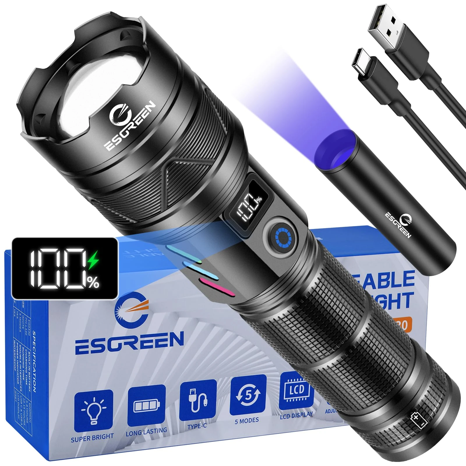 ESGREEN LED Torch Extremely Bright 1000000 Lumens Long Range, USB C Rechargeable Tactical Strong Tactical Flashlight with High Capacity Battery Zoomable 5 Modes Large Torch Light for Camping Security
