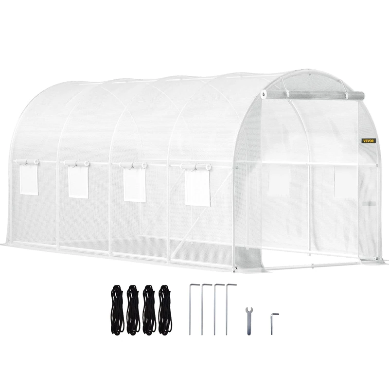 VEVOR Walk-in Tunnel Greenhouse, 15 x 6.5 x 7 ft Portable Plant Hot House with Galvanized Steel Hoops, 1 Top Beam, 2 x Diagonal Poles, 2 Zippered Doors & 8 Roll-up Windows, White