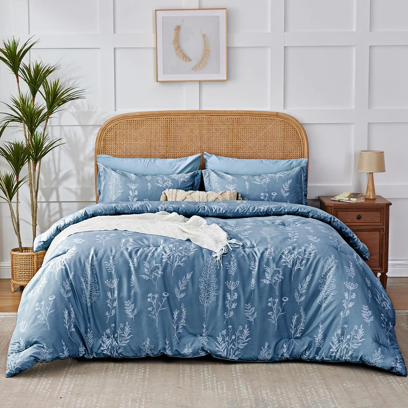 Kozyhvn Floral Comforter Set King Blue, Cute Flower Bed in a Bag King Boho 7 Pieces, Soft Fluffy Bedding Sets with Comforter, Sheets, Pillowcases & Shams, All Season
