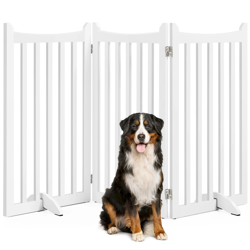 Yaheetech Folding Wooden Safety Gate for Dogs, 3 Panels, 151.5 cm × 90.5 cm, Internal Protective Barrier with Non-Slip Feet Stairs Door, White