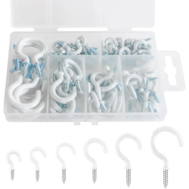 Tahbarshi 75PCS White Hooks for Hanging Ceiling Screw in Hooks, Metal Ceiling Screw-in Wall Hooks Multipurpose Vinyl Coated for Hanging Plants, Cups, Utensils, Lights and for Indoor & Outdoor Use