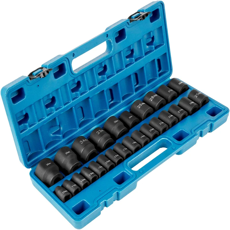 VEVOR Impact Socket Set - 26 Piece 1/2 Inches Drive, 6-Point Shallow Sockets, CR-M0, Metric 10mm - 36mm, Storage Cage