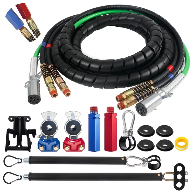 Boeray 15FT 3 in 1 ABS & Power Air Line Kit Truck Air Hose with 16" and 20" Tender Springs, Gladhands, Grips for Semi Truck Tractor Trailer